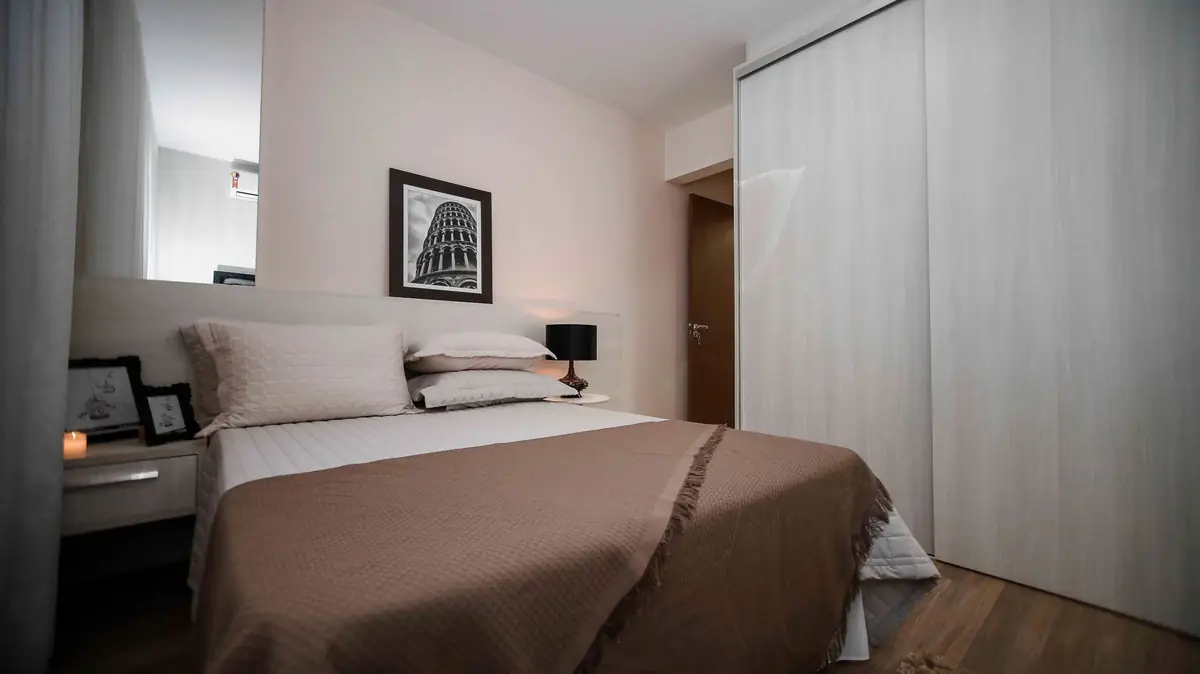 A guest bedroom in a converted garage space