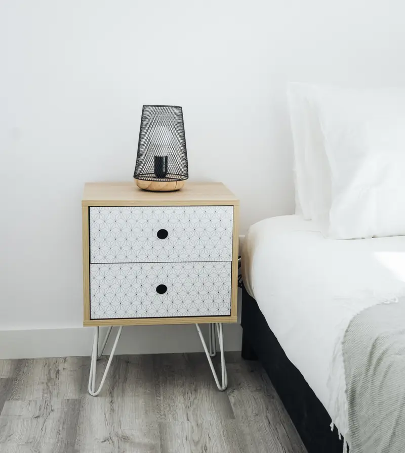 Bed and bedside table