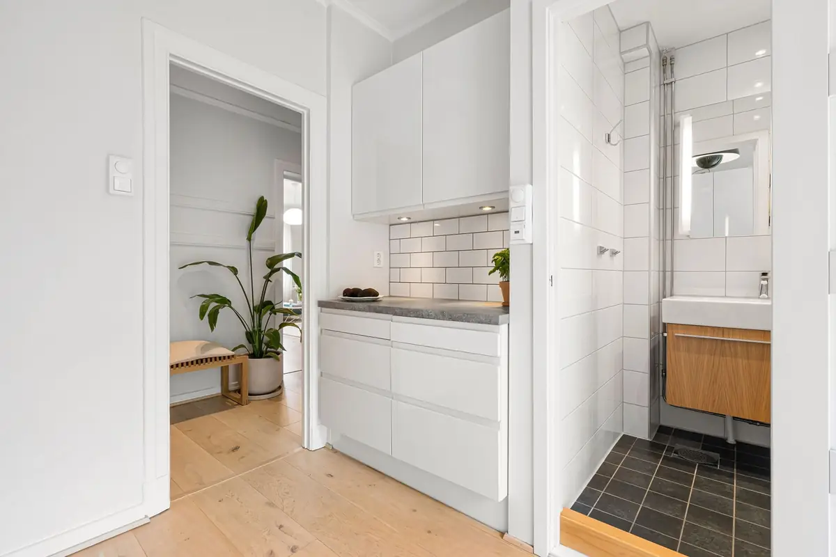 A bright annexe with a white kitchenette and a shower room off it.