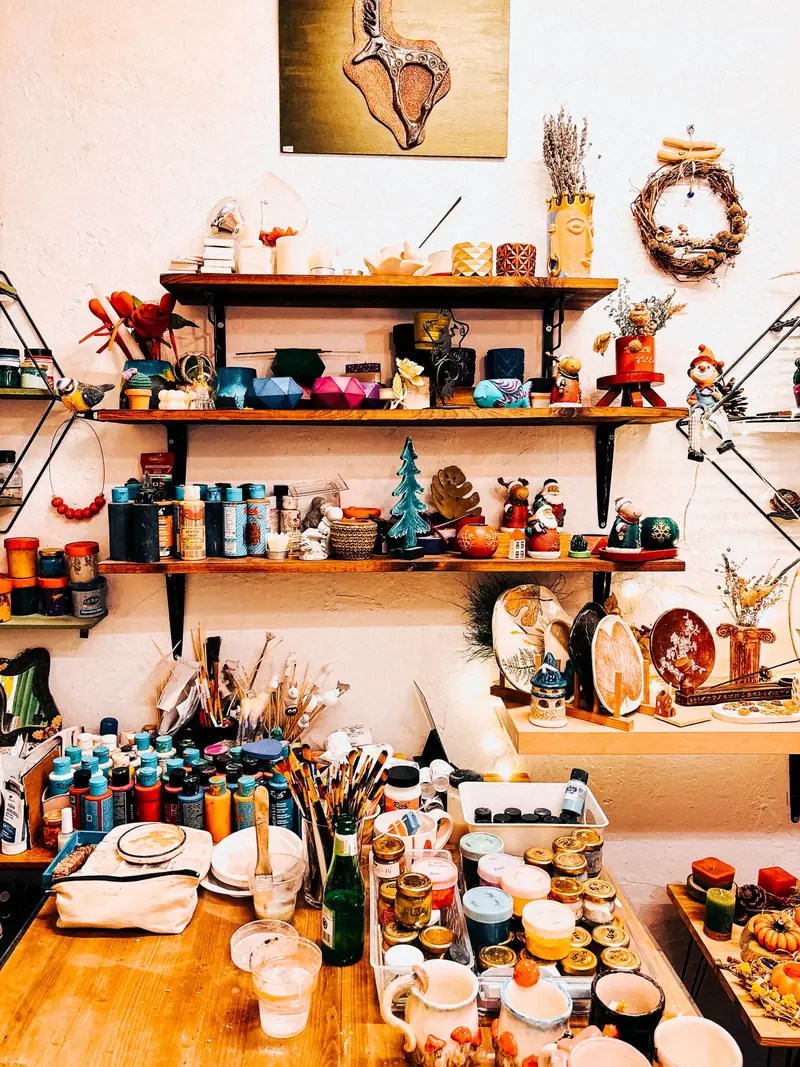 Craft supplies on shelves