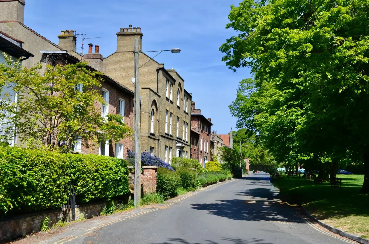 A tree-lined residential street with brick houses.