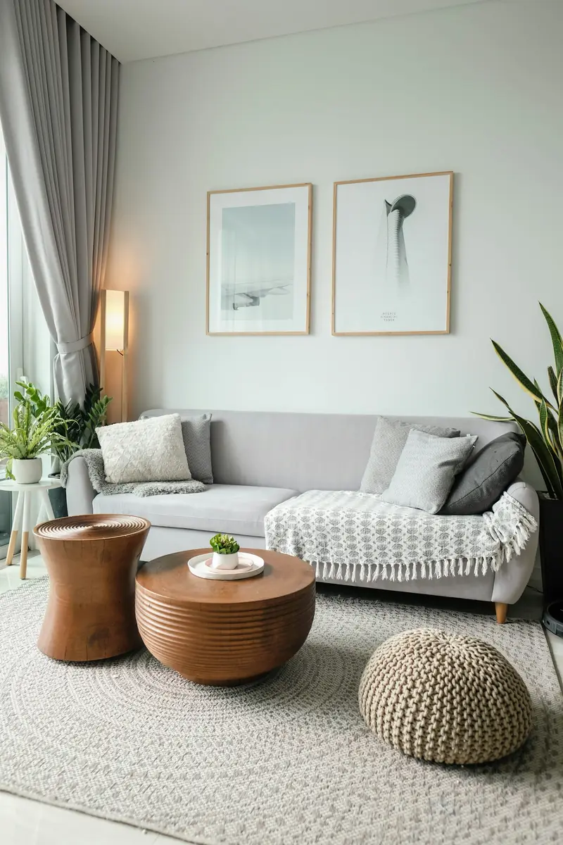 A light living room with a grey sofa, wooden side tables and plants