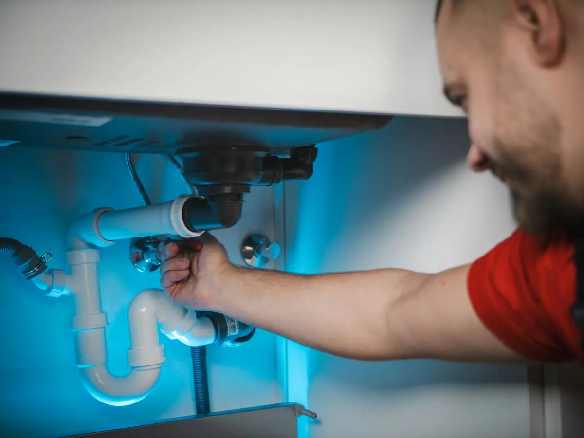 A plumber fitting the pipes under a sink.