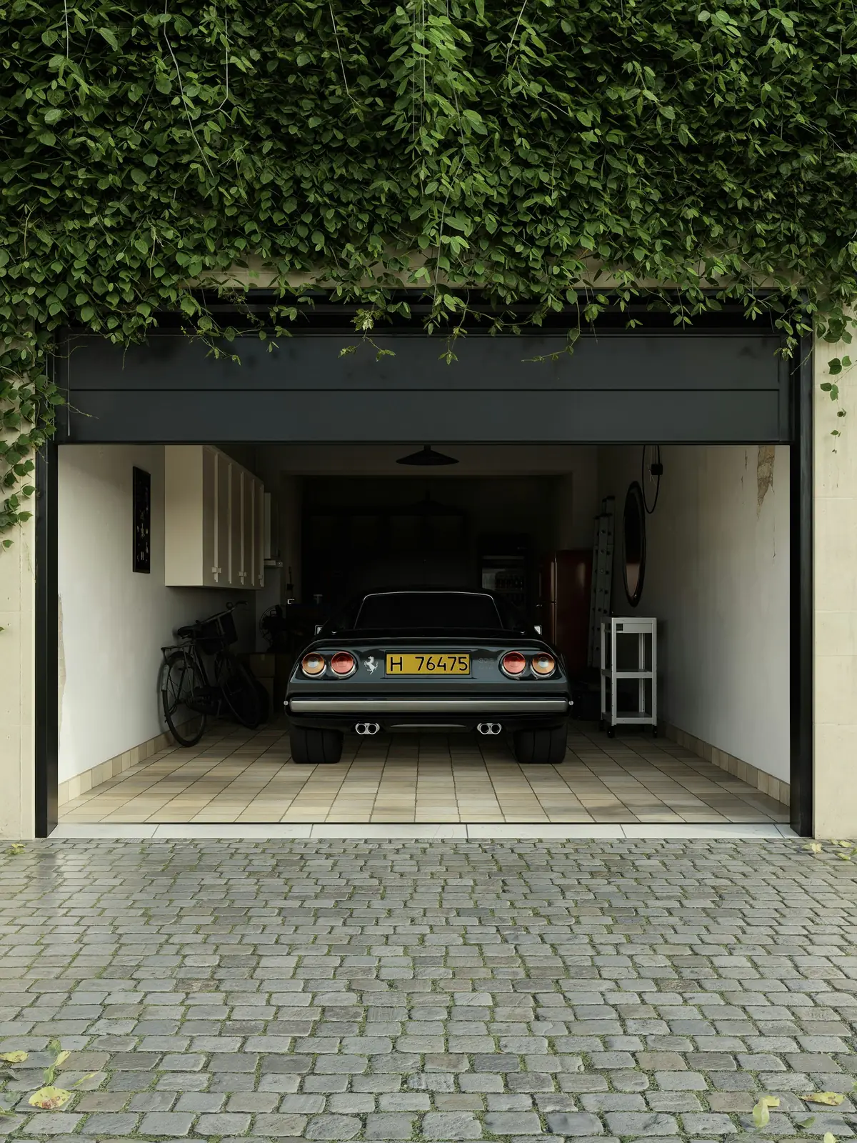 A single garage with the door open and a classic car parked inside.